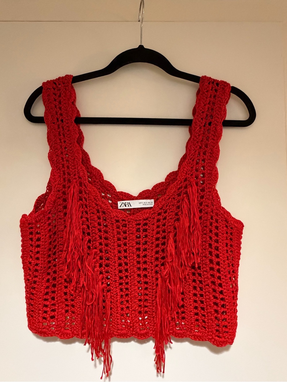 Zara Red Crochet Fringe Crop Tank